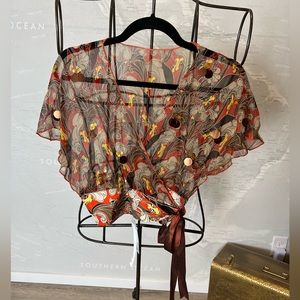 NWT Tom K Nguyen Silk Sheer Chiffon Beaded Satin Tie Shrug Wrap Cardigan M